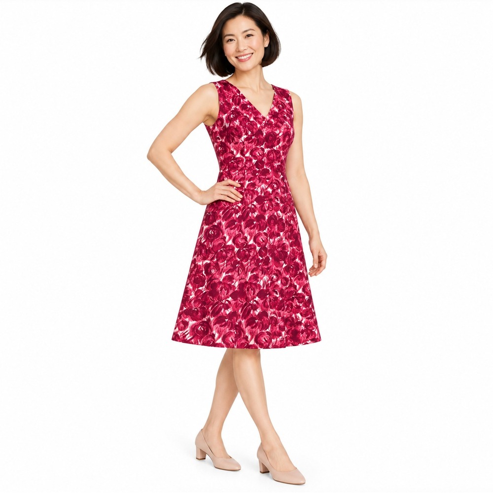 Talbots Petites Pink Floral Rose Fit and Flare V-Neck Sleeveless Dress 2P